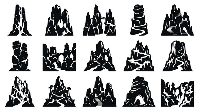 Black Glyph Vector Mountain and Rock Landscape Silhouettes Set for Nature, Adventure, and Gaming Icons
