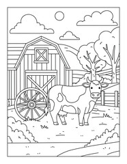 Obraz premium Cow coloring page featuring a friendly farm animal standing beside a rustic barn coloring page activity