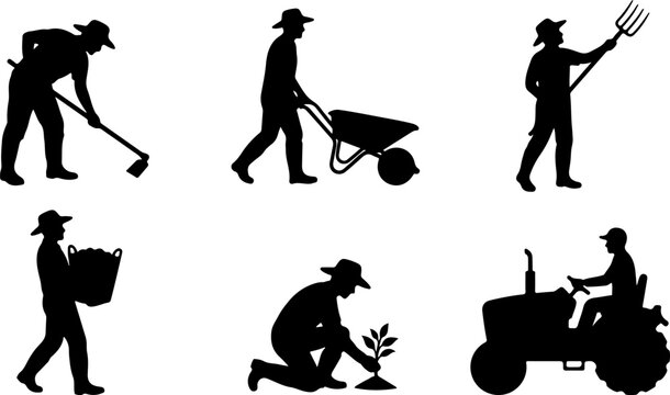 Set of silhouettes of farmers working with tools and machinery vector illustration