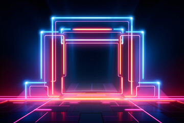 Fototapeta premium Abstract neon light geometric background. Glowing neon lines. Empty futuristic stage laser. Colorful rectangular laser lines. Square tunnel. Night club empty room. Laser show design. Generative AI.