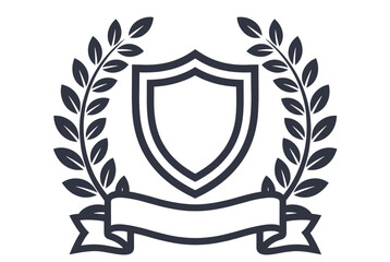 Fototapeta premium Shield emblem design with a decorative laurel wreath and a blank curved ribbon banner for custom text or logo in a professional style.