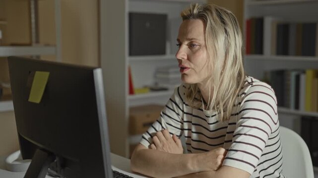 Woman at computer monitor with sticky note, arms crossed and leaning forward speaking with pursed lips in a building; focused connection.