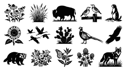 Fototapeta premium Wildlife and Nature Black White Engraving Style Icons Set: Bison, Badger, Birds, Flowers, Cactus, Prairie Dog