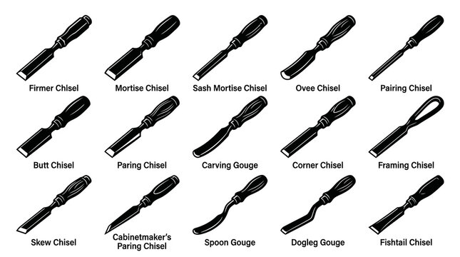 Black and White Line Art of Various Wood Chisels and Gouges, Woodworking Tools