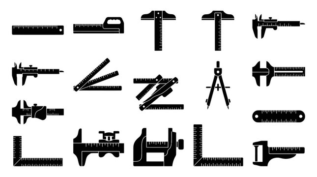 Black and White Icons of Measuring Tools and Rulers for Engineering and Construction