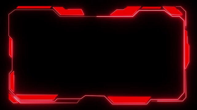 Futuristic red glowing geometric frame overlay with abstract digital interface elements on a dark background, symbolizing high-tech design, innovation, and modern digital technology.