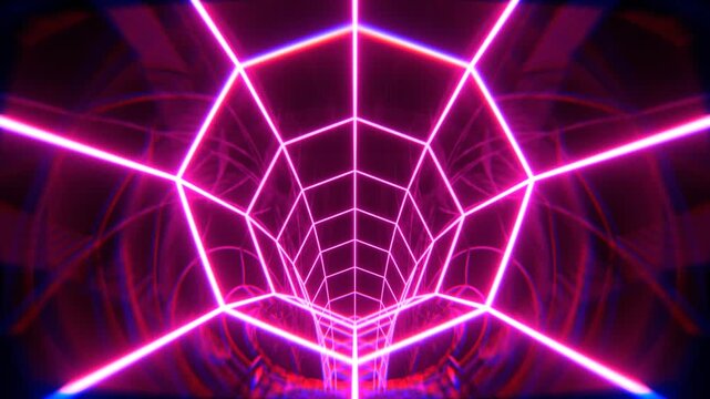 Retro synthwave neon tunnel loop, glowing purple and pink wireframe grid corridor, futuristic 80s aesthetic digital space background for music videos