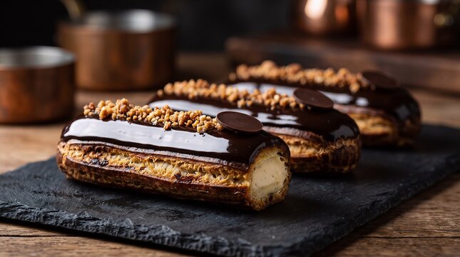 Fresh delicious chocolate glazed eclairs with crushed nuts served on rustic slate board chocolate delicious confectionery homemade indulgence background pastries
