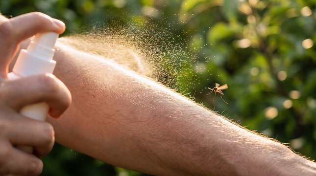 Person spraying insect repellent on arm outdoors to protect skin from mosquito bites during summer season with health care repellent mosquito protection outdoors