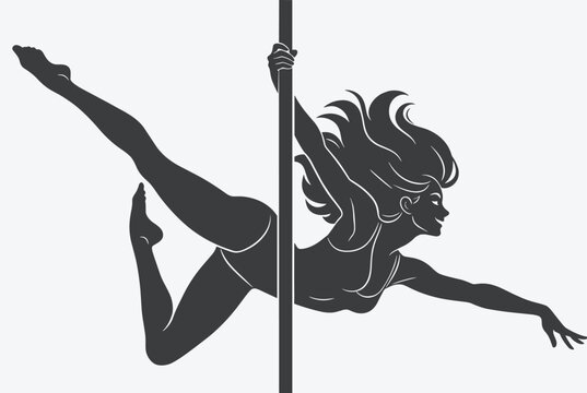 Artistic dark silhouette of a graceful female pole dancer performing a dynamic pose against a light gray background.