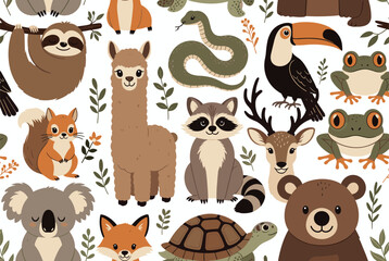 Fototapeta premium Fun seamless pattern featuring a diverse collection of cute wild animals and green leaves on a white background.