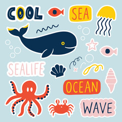 Fototapeta premium Cute Ocean Sea Life Animal Cartoon Vector Sticker Pack