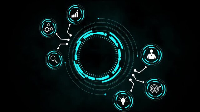 Futuristic digital interface with glowing cyan circular H U D elements and abstract data, Cyber security shield protects digital data, Network monitoring enhances system protection .