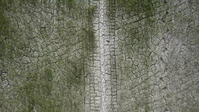 Aerial view of cracked soil surface in agriculture field. During dry weather clay particles shrink and pull more tightly to each other.