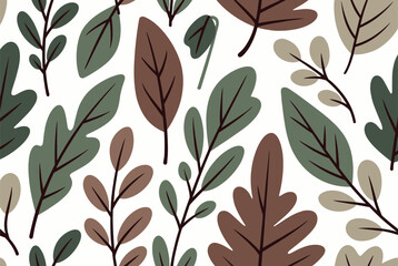 Fototapeta premium Natural seamless pattern featuring an assortment of leaves in muted green and brown autumnal shades on a white background.