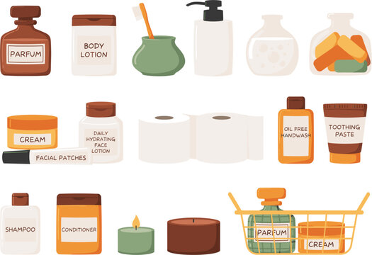 Bathroom cosmetic personal hygiene product vector set, shampoo cream bottle toilet paper candle basket illustration