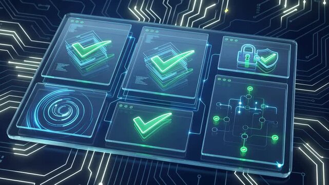 Futuristic interface displaying multiple digital documents validated with glowing check marks, advanced antivirus scanning system, secure file verification process, cybersecurity technology, 4K video