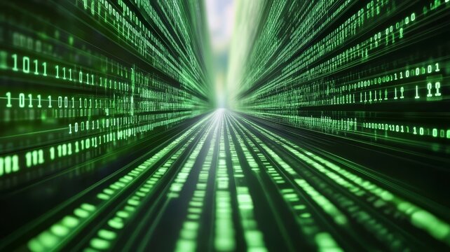 Digital data tunnel with green binary code streams for technology and cyber security background concepts