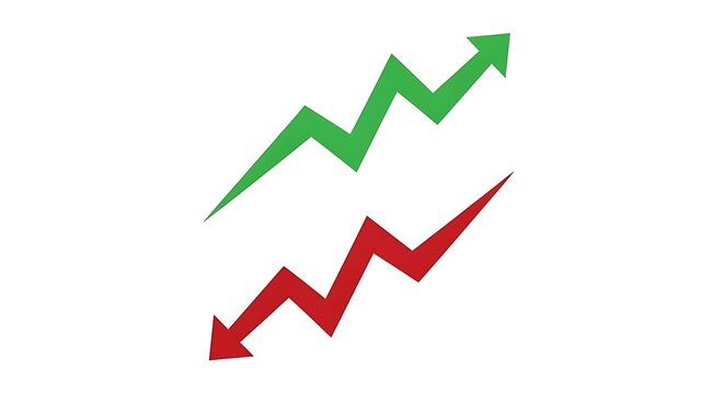Two opposing jagged arrows green up red down on white background