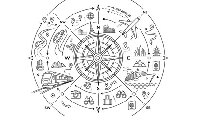 Obraz premium Travel Navigation Concept Circular Layout with Transportation and Landmark Line Icons Vector Illustration