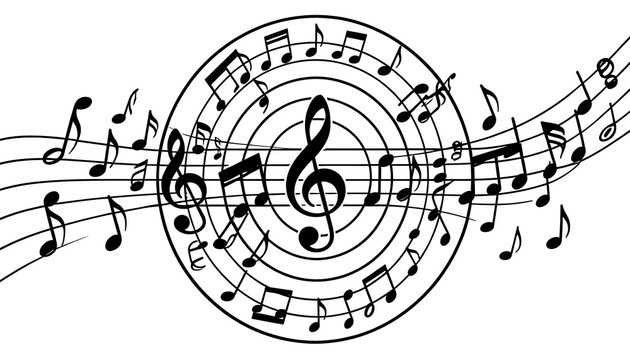 Black and white abstract musical notation wave graphic on white