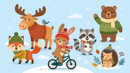 Obraz premium Cute Flat Design Winter Animals, Fox, Moose, Rabbit on Bicycle, Raccoon, Bear, Hedgehog, with Snowflakes and Winter Foliage, Festive Holiday Illustration