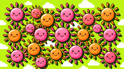 Fototapeta premium Cute Smiling Cartoon Suns in Cheerful Flat Design Pattern with Fluffy Clouds, Pink and Orange Characters on Green Background, Vector Illustration.