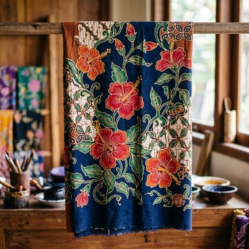 Blue batik fabric with red hibiscus hanging in a rustic wooden workshop, natural light.