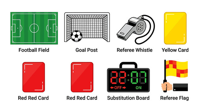 Soccer players compete on field with referee showing cards and time
