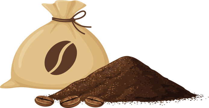 Coffee beans vector illustration with roasted powder pile, tied burlap sack and aromatic seeds concept