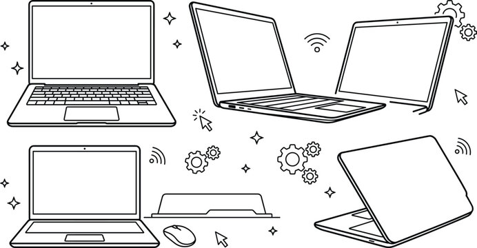 Laptop computer icon set vector outline collection of notebook screen monitor keyboard technology office electronic device angle.