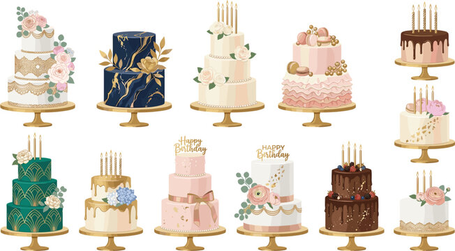 Celebration cakes vector set with elegant wedding designs, birthday toppers, golden candles and floral decorations