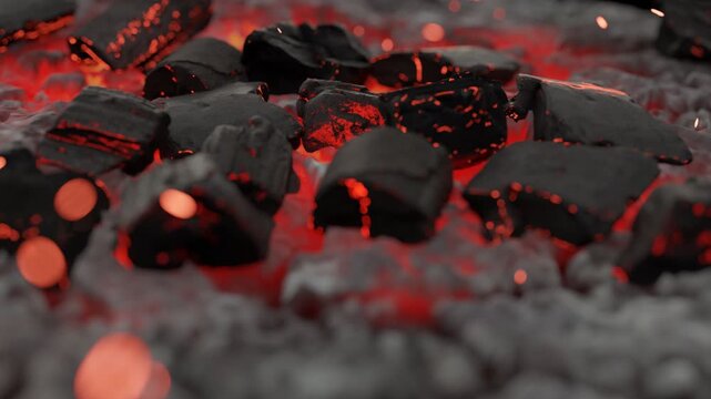 Glowing charcoal embers in a barbecue grill, hot burning coal with red heat, cinematic close up of fiery wood briquettes for outdoor cooking