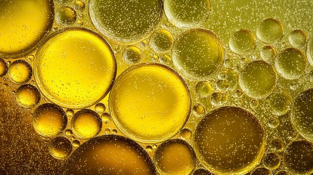 Abstract macro photography of golden oil and water bubbles forming a geometric circular pattern background.