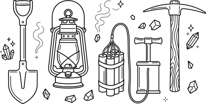 Mining tool icon set vector outline collection of gold rush shovel lantern pickaxe dynamite blaster crystal mineral gems.