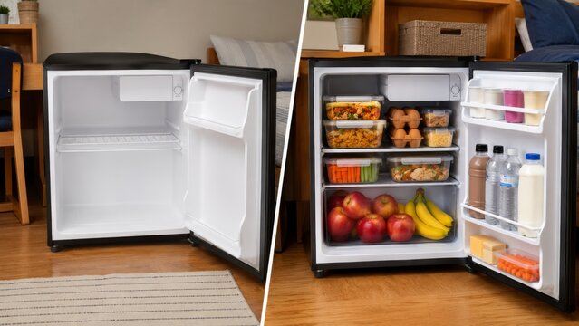 Small student fridge and organized budget meal storage