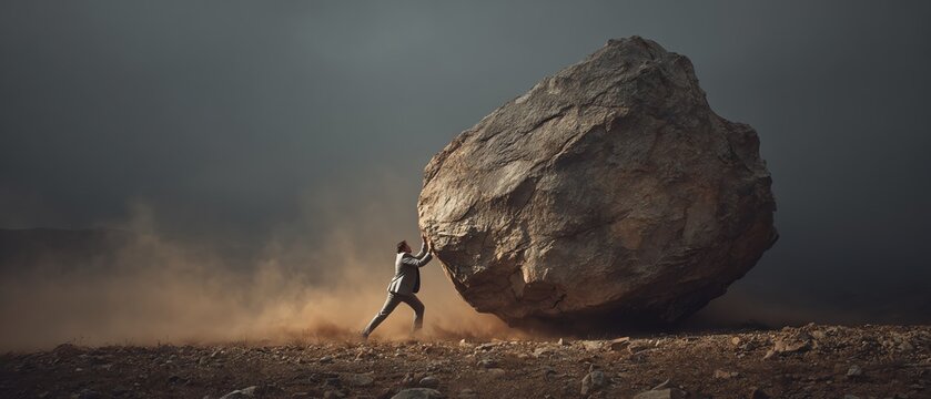 Person pushing a large rock symbolizes struggle.