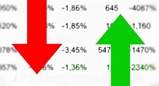 Red down arrow green up arrow on financial data background