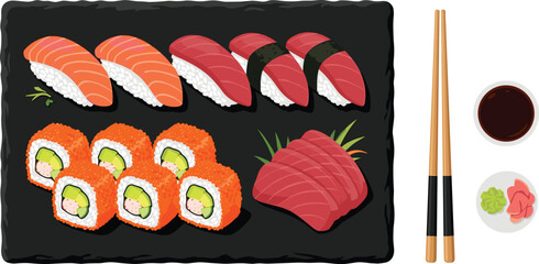 Japanese Sushi and Sashimi Platter Vector Set with Salmon Nigiri, Tuna Nigiri, California Rolls, Chopsticks, Soy Sauce, Wasabi, and Ginger © Ruhul