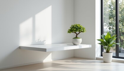 Fototapeta premium Minimalist interior featuring a floating white shelf with a bonsai and a potted plant by a large window.