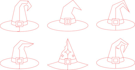 Fototapeta premium Simple red outline witch hat collection for magical seasonal designs and spellcasting themes