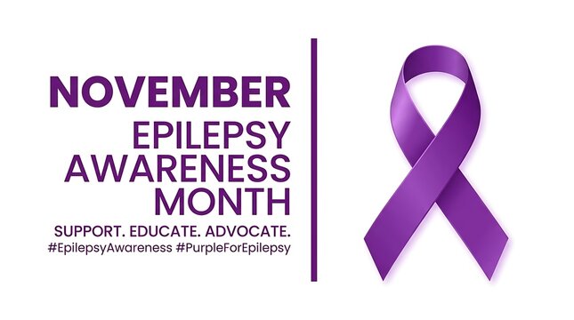November epilepsy awareness month concept with purple ribbon and call to action
