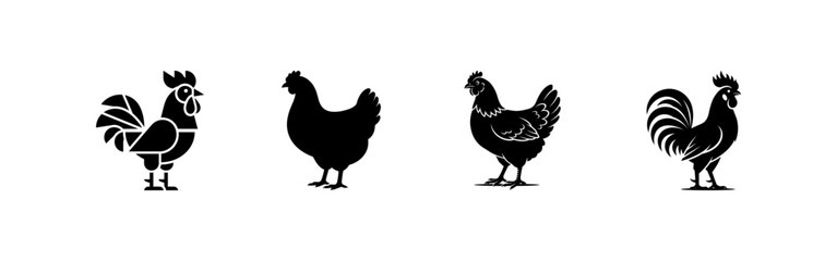Rooster and hen silhouettes collection showing various poultry breeds in minimalist black style perfect for farm branding agriculture logos and rustic livestock illustrations for organic products. © Fountain