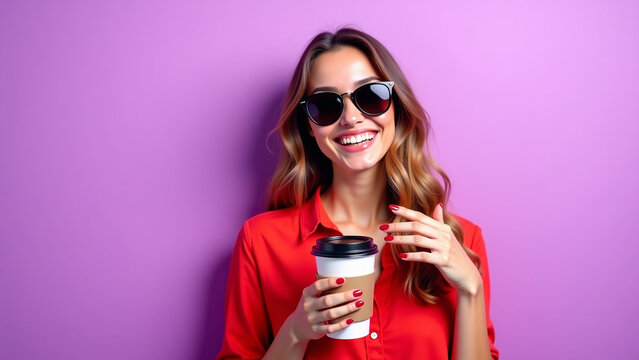 A purple background casual iteration fashion portrait conveying happiness summer style and energetic lifestyle ar