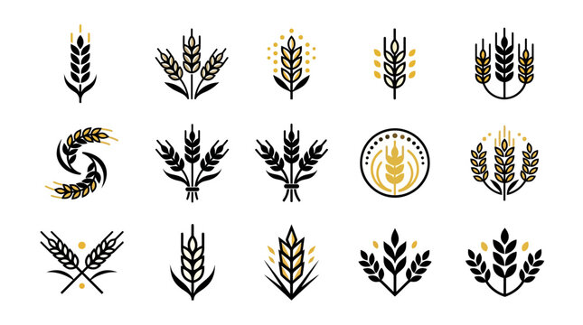 A collection of stylized wheat ear and grain logos and icons, suitable for agriculture, food, or brewing branding.