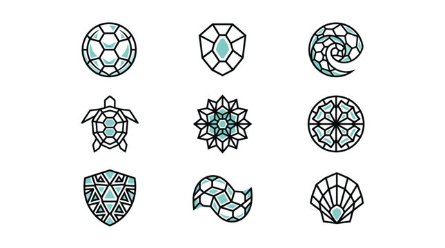 A collection of nine geometric line art icons featuring a soccer ball, turtle, seashell, and various abstract shapes with light blue fill on a white background.