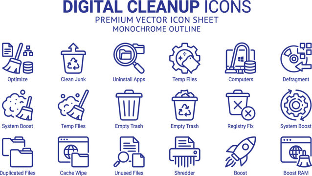 Digital Cleanup Icons Set: A comprehensive collection of monochrome outline vector icons illustrating digital cleanup and optimization tasks, including file management, junk removal.