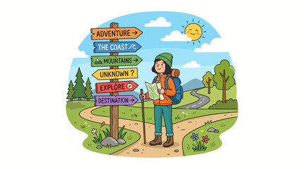 Naklejka premium A cartoon illustration of a hiker at a crossroads, looking at a map, with a signpost pointing to various travel destinations like adventure, mountains, and the coast.