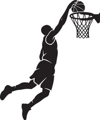 Obraz premium Black silhouette basketball player, dunking, sports icon, athletic motion, vector graphic