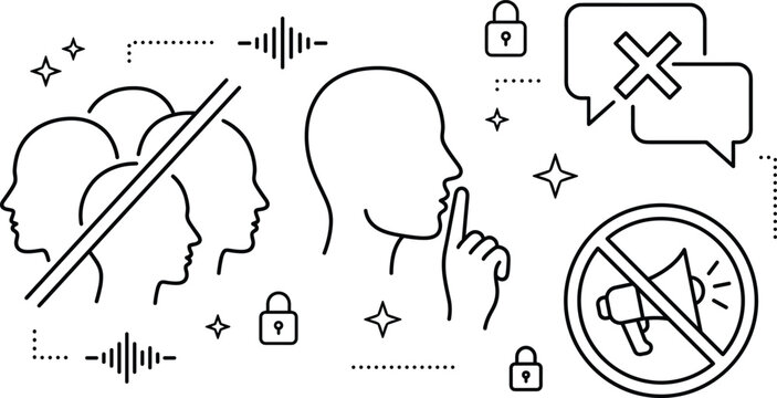 Mute and silence icon set vector outline collection of quiet mouth speech bubble cancel megaphone prohibition ban censorship.